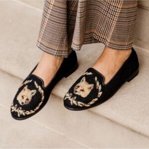 By Paige Fox Needlepoint Loafers Black Academia Slip-On Flats .Wreath Detail,6,5